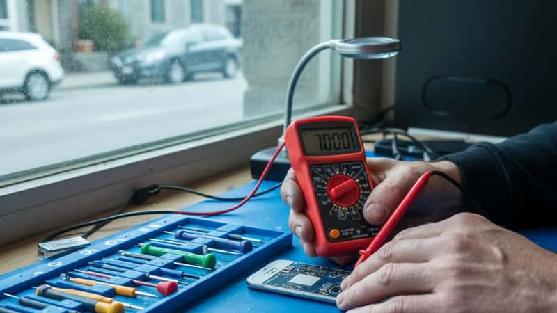 Technicien électronique testant une carte mère de smartphone avec un multimètre dans un atelier de réparation à Québec City