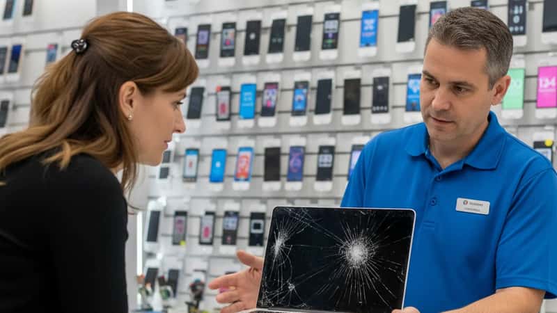 Consommatrice québécoise consultant un technicien en réparation électronique au comptoir d'un atelier à Trois-Rivières, avec un ordinateur portable défectueux