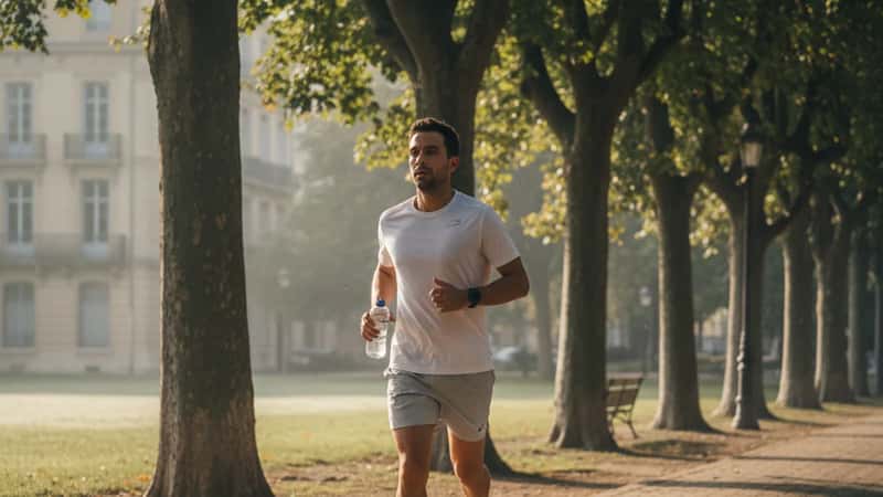 Coureur français en tenue claire dans un parc de Montpellier tôt le matin, bouteille d'eau à la main