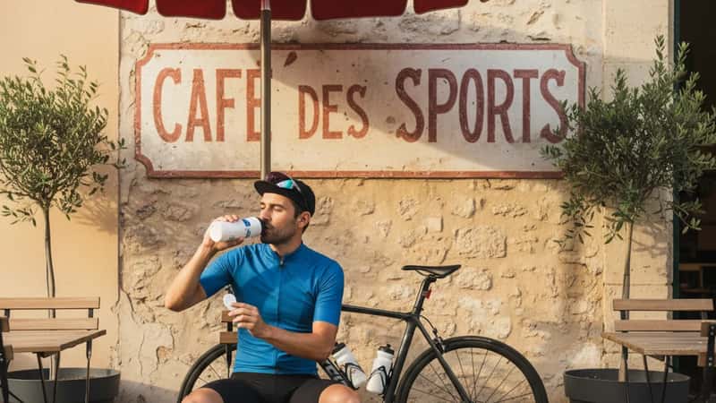 Cycliste se reposant sous un parasol à Montpellier, appliquant de la crème solaire et buvant de l'eau