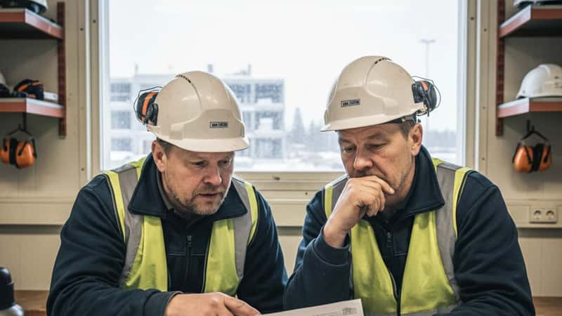 Kaksi suomalaista rakennustyöntekijää vertaavat palkkalaskelmia taukotilassa Oulussa — yksi osoittaa kohtaa, toinen tarkistaa