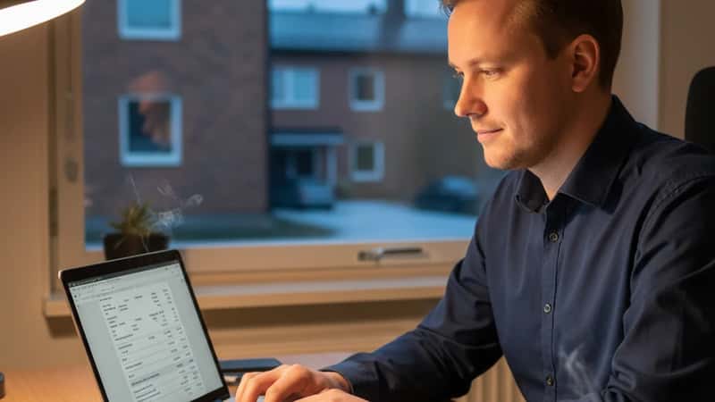 Turussa 35-vuotias suomalainen pankkityöntekijä tarkastelee digitaalista palkkalaskelmaa kannettavalla tietokoneella kotitoimistossaan