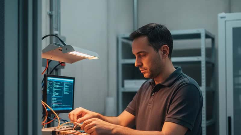 Tecnico IT controlla l'infrastruttura server di una PMI manifatturiera in una sala server a Torino