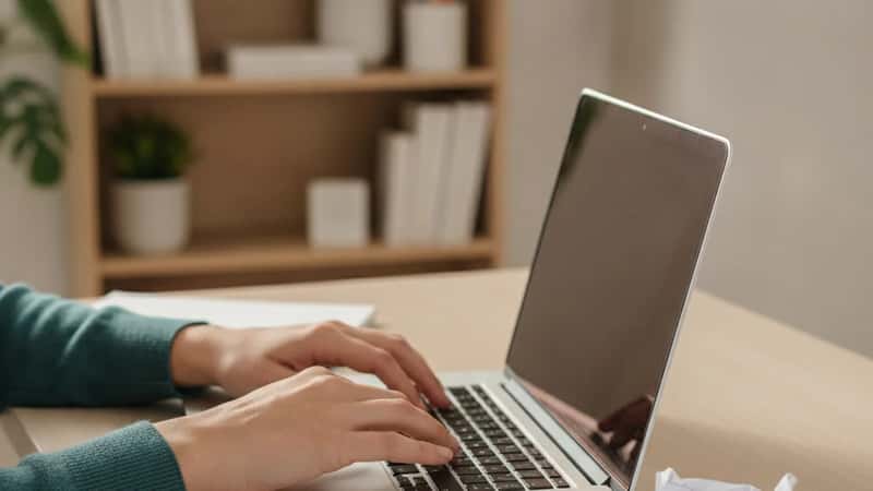 Mains de patiente consultant son Dossier Médical Partagé sur un ordinateur portable, documents de santé et Carte Vitale posés sur le bureau dans un bureau à domicile à Nantes