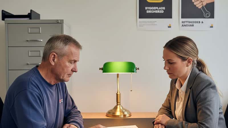 60-årig dansk bygningsarbejder i Vejle diskuterer seniorfridage med HR-chef ved skrivebord
