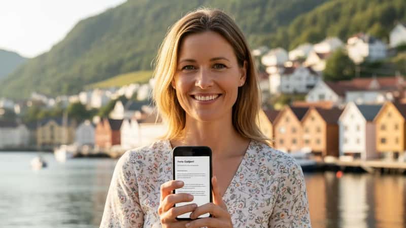 Norsk statsansatt i Bergen leser feriegodkjenning på telefon utendørs i solskinn, norsk kystsceneri
