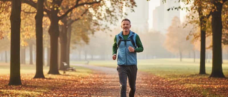 Mann joggt in moderatem Tempo durch einen herbstlichen Park mit Laubbäumen