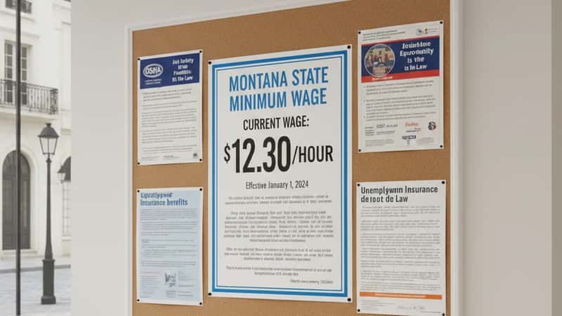 Montana state minimum wage poster on employee break room wall in Great Falls, fluorescent lighting, required workplace postings board