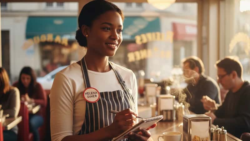 Montana waitress at Helena diner taking customer order with notebook, warm evening restaurant light, professional service moment