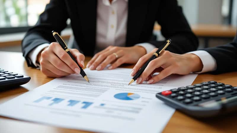 Mãos de um homem e de uma advogada sobre um documento financeiro numa secretária de madeira num escritório em Porto, caneta e calculadora visíveis, luz difusa de janela com chuva