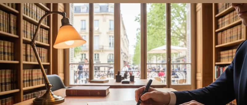 Gros plan sur des mains consultant un document juridique suisse sur un bureau en chêne, stylo marquant une clause