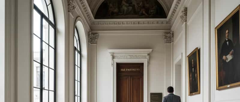 Couloir d'un conseil de prud'hommes en France avec sols en marbre et lumière naturelle