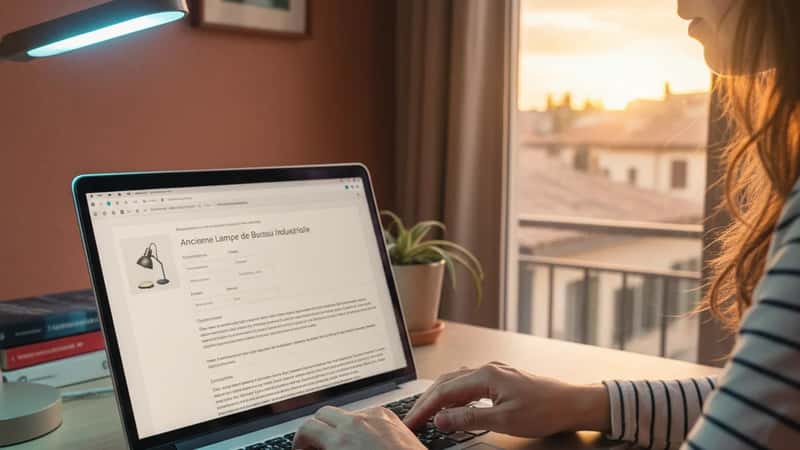 Mains tapant une annonce de vente de smartphone sur un ordinateur portable dans un bureau à Toulouse, lumière de bureau tamisée