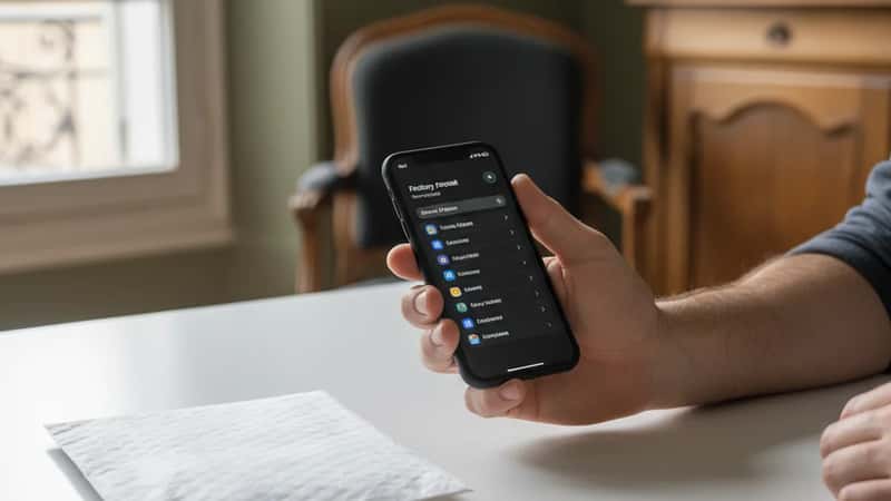 Mains d'un homme à Bordeaux tenant un smartphone réinitialisé montrant l'écran de configuration initiale, prêt à être expédié