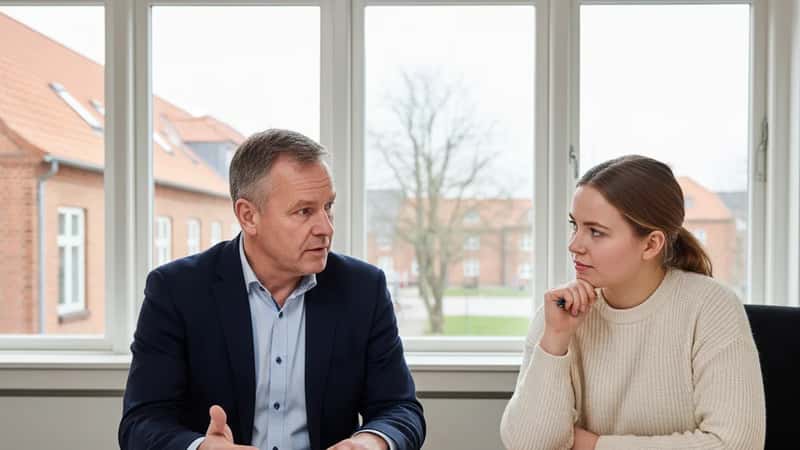Dansk tillidsrepræsentant diskuterer løndokumenter med kollega i Aalborg