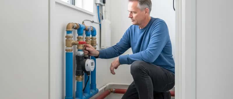 Huiseigenaar draait de hoofdkraan dicht bij de watermeter in een Nederlandse meterkast
