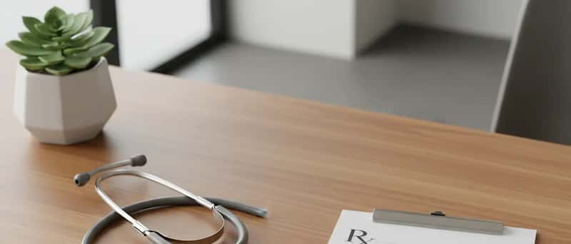 Bureau de médecin suisse avec stéthoscope et bloc d'ordonnances sur un bureau en bois clair