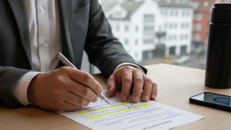 Norsk ingeniør gjennomgår tariffavtale-dokumenter ved kontorpult i Bergen, overskrittslys og konsentrert blikk