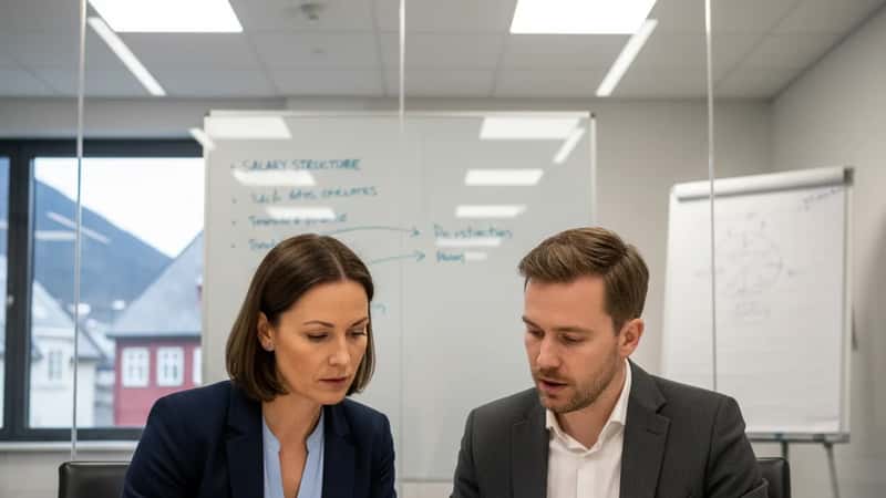 To norske IT-fagfolk diskuterer tariffavtale i glassromsmøte i Bergen, whiteboard synlig i bakgrunnen med lønnsstruktur-notater