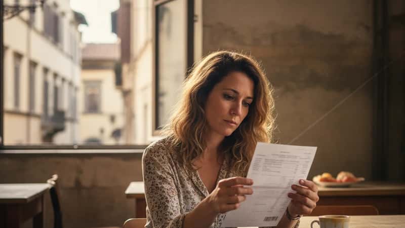 Lavoratrice tessile italiana legge la propria busta paga alla mensa aziendale, Firenze