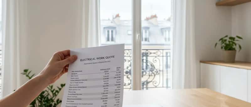 Itemised electrical work quote on an Icelandic kitchen table with coffee, showing ISK cost breakdown