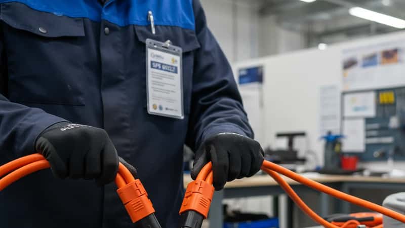 Suomalaisen sähköautomekaanikkon kädet kytkeevät oransseja HV-diagnostiikkakaapeleita sähköauton akkujärjestelmään, SFS 6002 -pätevyyskortti näkyvissä Tampereella