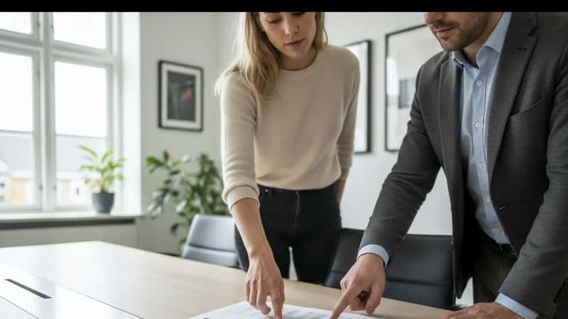To kolleger i Aarhus diskuterer en arbejdstidsplan ved et konferencebord, overenskomstdokumenter på bordet