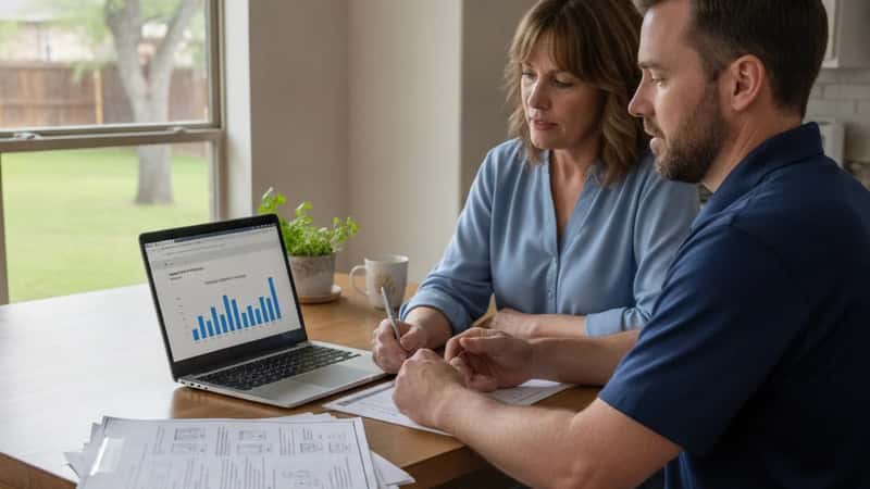 HVAC contractor and homeowner reviewing product specification sheets and an installation contract at a kitchen table in Austin Texas
