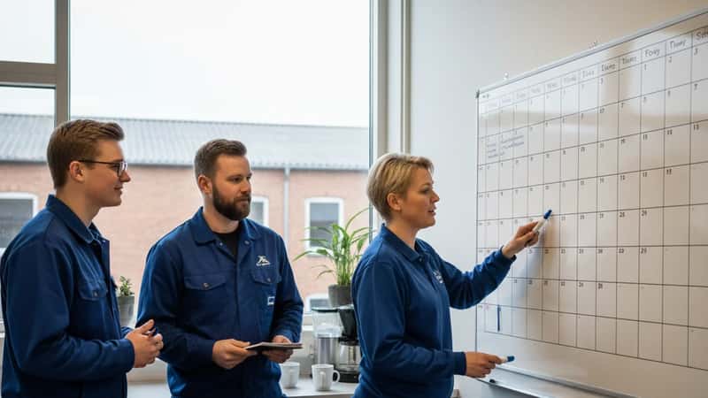 Serviceteam diskuterer vagtplan på whiteboard i Aalborg
