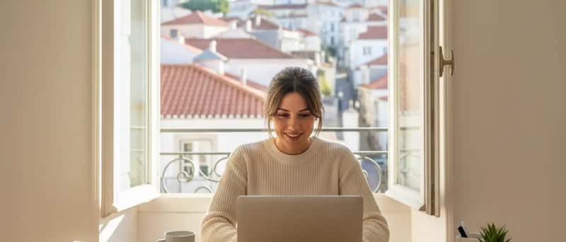 Profissional portuguesa em videochamada de consultoria no seu escritório em casa