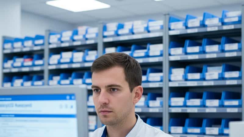 Préparateur en pharmacie vérifiant une ordonnance sur écran dans le back-office d'une pharmacie lyonnaise