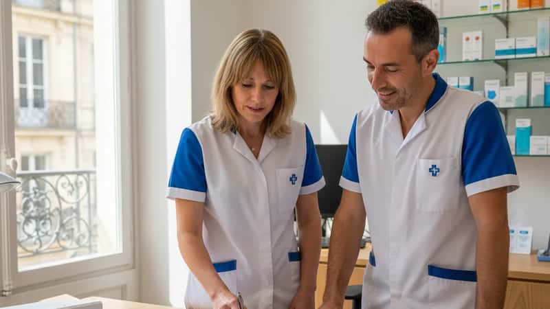 Deux employés de pharmacie à Bordeaux discutant d'un planning de travail dans le bureau d'une officine, lumière naturelle, documents d'emploi visibles