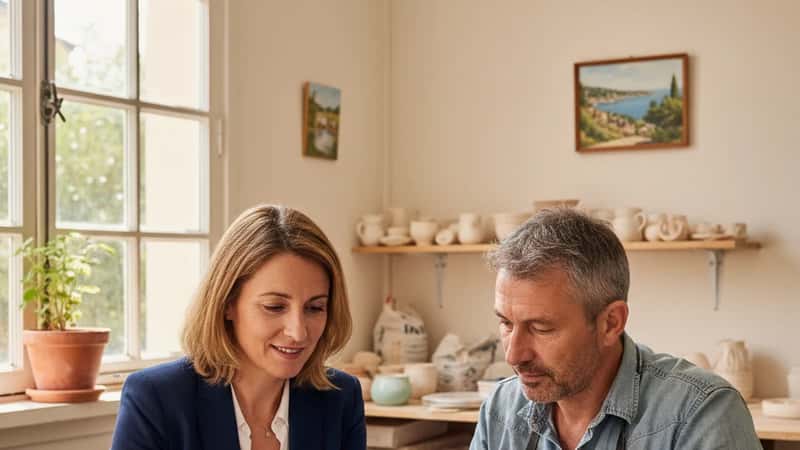 DRH présentant la grille salariale conventionnelle à un technicien céramiste dans une entreprise de Vallauris