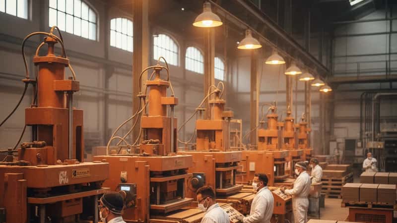 Ligne de production d'une usine céramique française avec des salariés en équipements de protection opérant les presses à tuiles