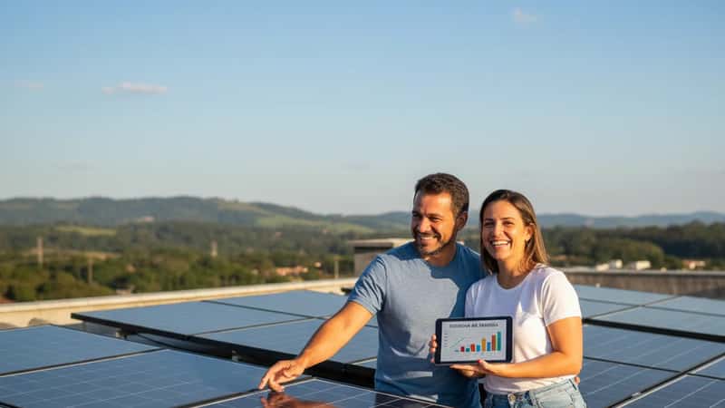 Casal brasileiro no telhado de casa em Belo Horizonte com painéis solares instalados sob sol forte, sorrindo com a conta de luz reduzida