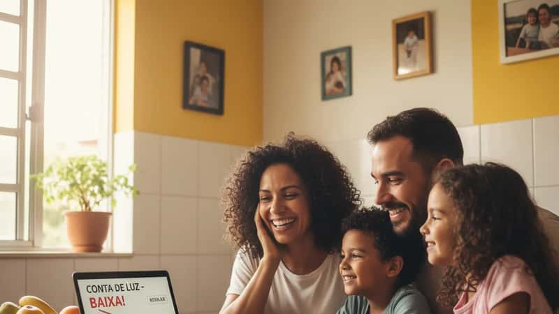 Família brasileira analisando conta de luz reduzida após instalação de energia solar em casa de Belo Horizonte