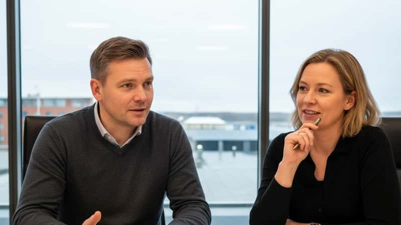 HR-leder i Stavanger og tillitsvalgt diskuterer lønnstabeller ved konferansebordet, dokumenter utbredt mellom dem