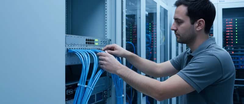 Técnico de informática conectando cabos de rede em um patch panel de servidor