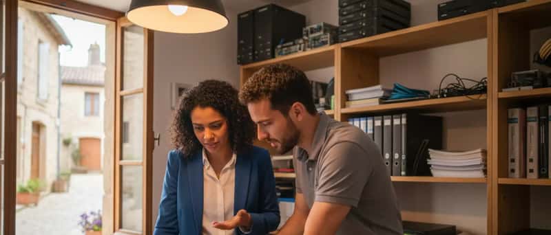Dona de pequena empresa acompanhando técnico de TI que explica configurações em laptop
