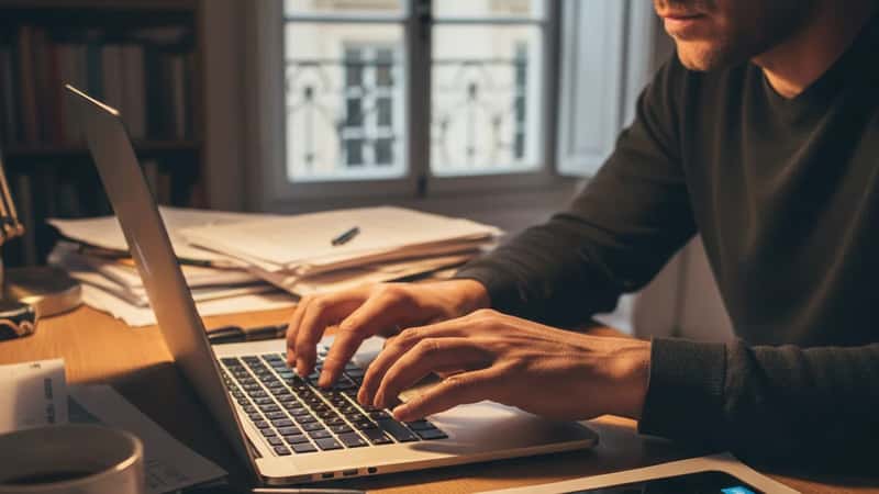 Mains tapant avec urgence sur un clavier d'ordinateur portable à Lyon, smartphone affichant une alerte de sécurité, tentative de récupération d'accès à un compte compromis