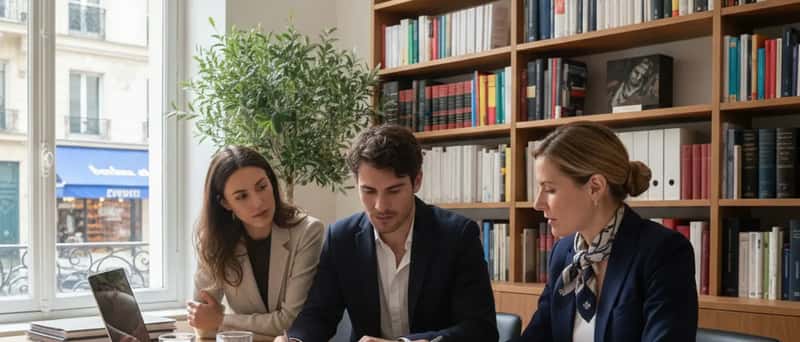 Boligadvokat gennemgår ejendomsdokumenter med et ungt par på et moderne kontor