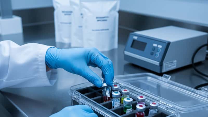 Mains gantées de chercheur plaçant des échantillons biologiques dans un conteneur de bioconfinement dans un laboratoire de Toulouse