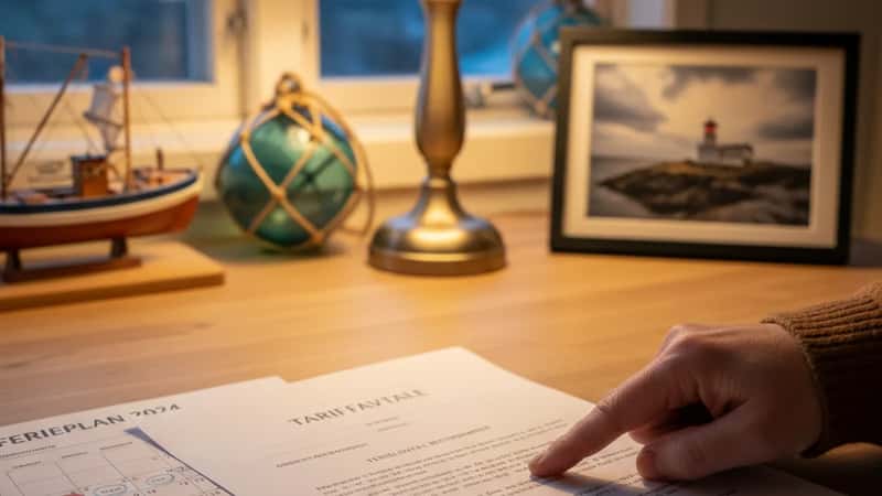Sjømann i Haugesund sjekker friperiodebetingelser i tariffavtale ved kjøkkenbordet