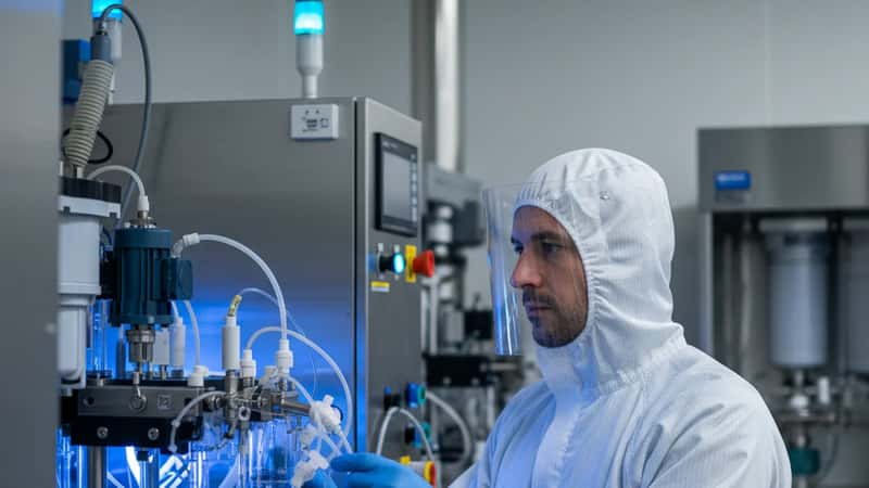 Technicien en salle blanche surveillant la fabrication de thérapies CAR-T à Institut Gustave Roussy Villejuif