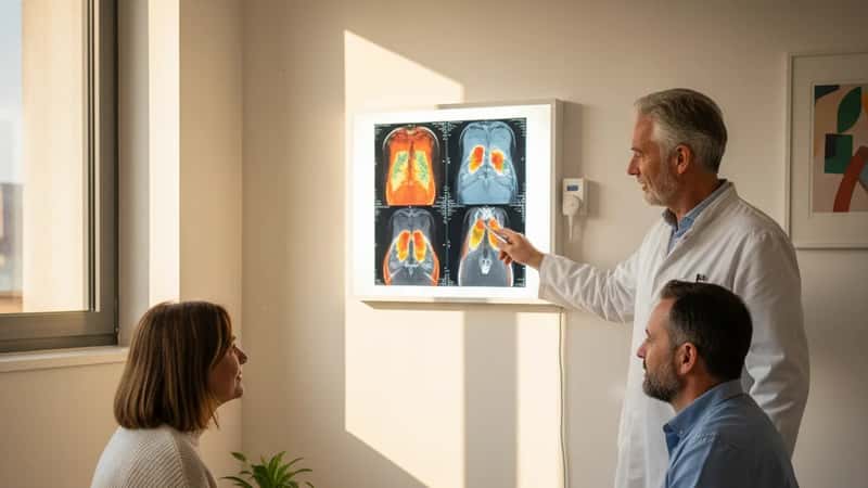 Médecin oncologue expliquant des résultats de scanner PET à un couple dans un CLCC de Lyon, lumière naturelle, geste professionnel rassurant