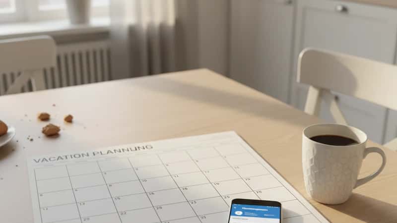 Semesterplaneringskalender och smartphone med Försäkringskassan-app på ett skandinaviskt köksbord i Stockholm