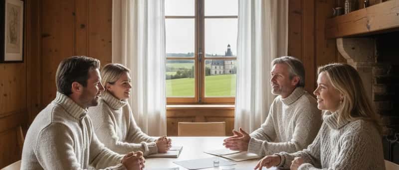 Norsk familie samlet rundt et spisebord med juridiske dokumenter