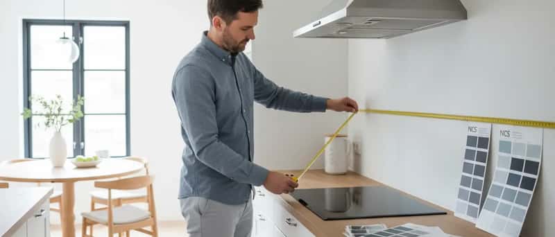 Husägare mäter en vägg med måttband i ett svenskt kök med färgprover på bänken