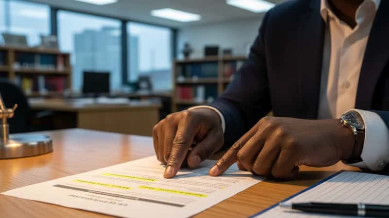 Employment lawyer in Birmingham pointing to EU and UK labour law comparison document on oak desk