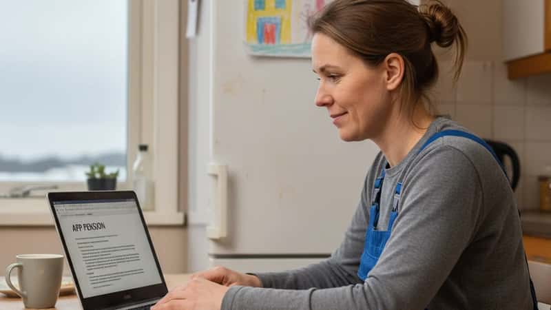 Norsk elektriker hjemme i Kristiansand gjennomgår AFP-pensjonsoversikt på laptop ved kjøkkenbordet